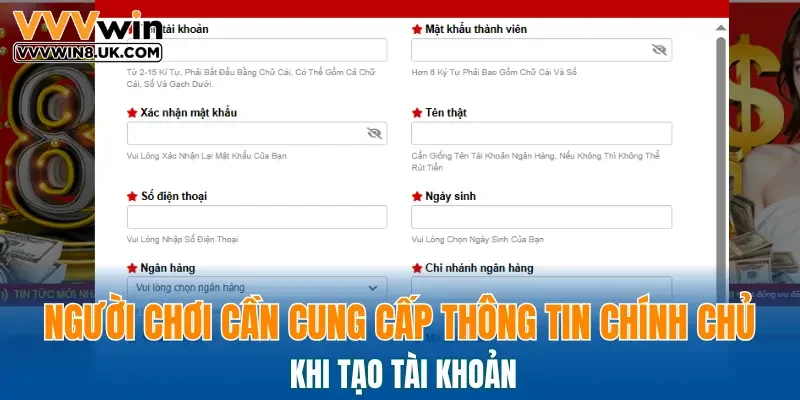 Người chơi cần cung cấp thông tin chính chủ khi tạo tài khoản